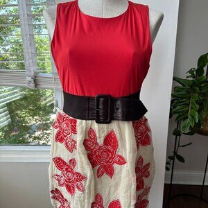 Alice + Olivia Red Silk Boho Embroidered Applique Flowers Dress Size Medium